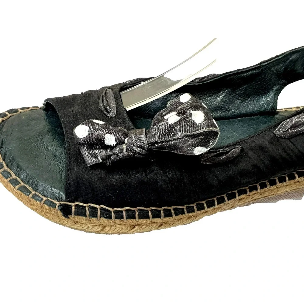 Eric Michael Paseart Espadrille Wedge Sandal Black Satiny Sling Back‎ SZ 10.5